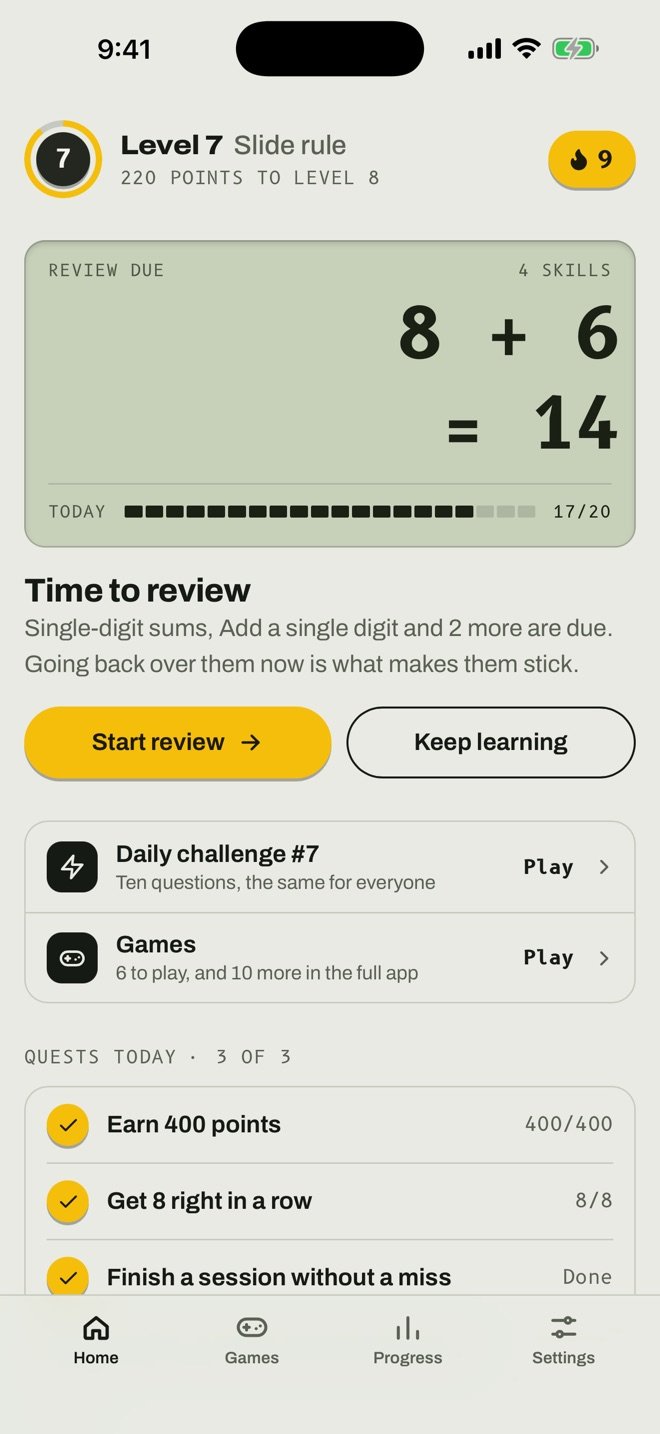 Home, a week in: the level, the streak, today's goal, a review that is due.